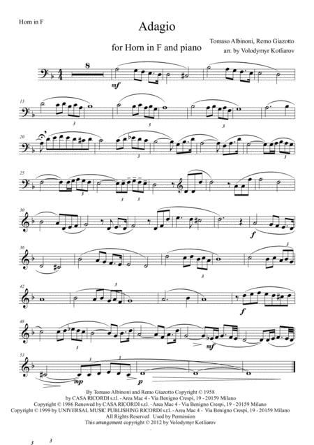 Free Sheet Music Tomaso Albinoni Adagio In G For Horn In F And Piano