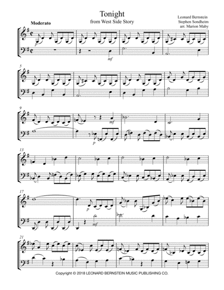 Tonight From West Side Story For Violin Cello Duet Sheet Music