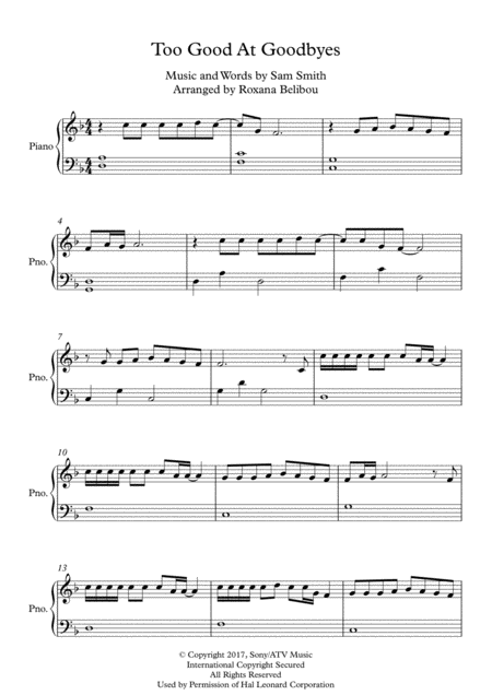 Too Good At Goodbyes By Sam Smith Easy Piano Sheet Music