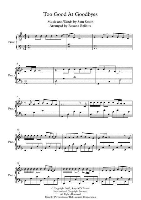 Too Good At Goodbyes By Sam Smith Piano Sheet Music