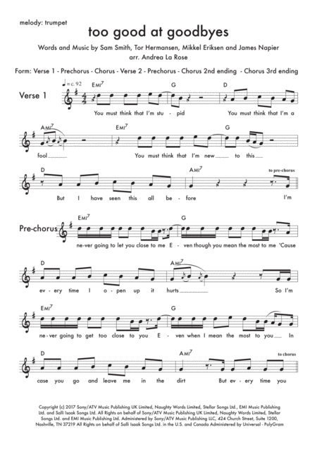 Too Good At Goodbyes Combo With Trumpet Guitar Bass Piano Drums Sheet Music