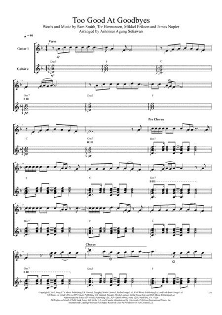 Too Good At Goodbyes Duet Guitar Score Sheet Music