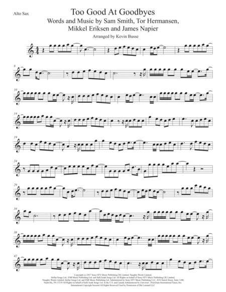 Free Sheet Music Too Good At Goodbyes Easy Key Of C Alto Sax