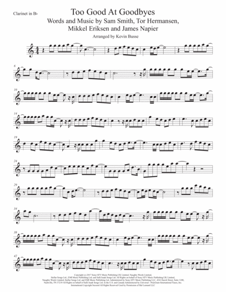 Too Good At Goodbyes Easy Key Of C Clarinet Sheet Music