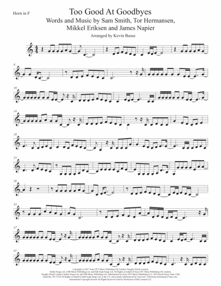 Too Good At Goodbyes Easy Key Of C Horn In F Sheet Music