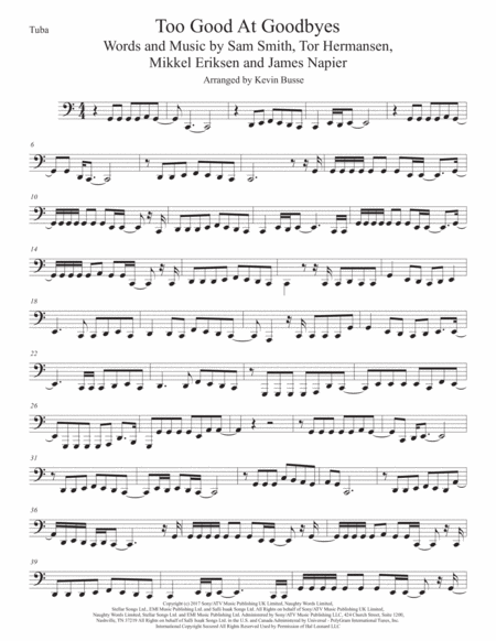 Too Good At Goodbyes Easy Key Of C Tuba Sheet Music