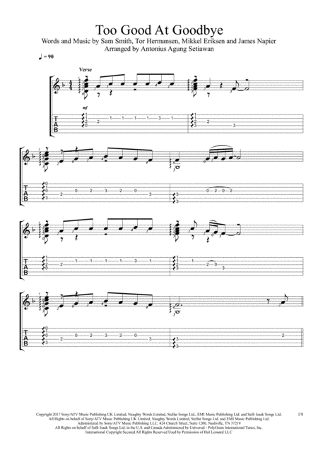 Free Sheet Music Too Good At Goodbyes Fingerstyle Guitar Solo