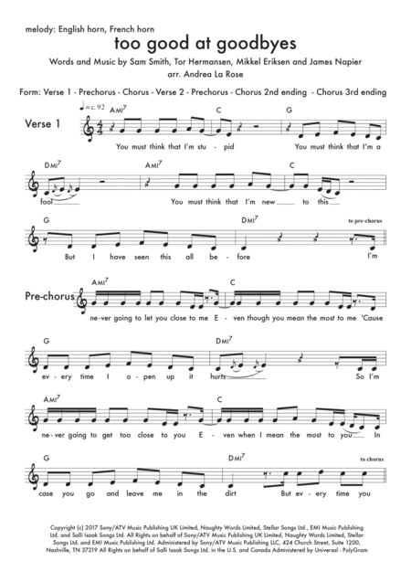 Too Good At Goodbyes Lead Sheet For F Instruments Treble Clef Sheet Music