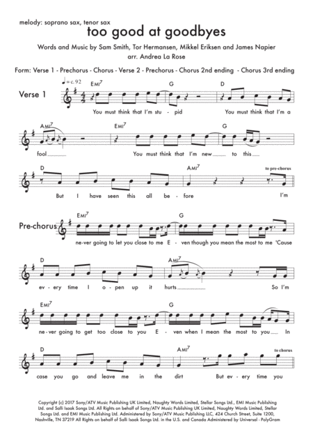 Too Good At Goodbyes Lead Sheet For Soprano Tenor Saxophone Sheet Music