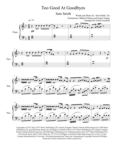 Too Good At Goodbyes Piano Solo Sheet Music