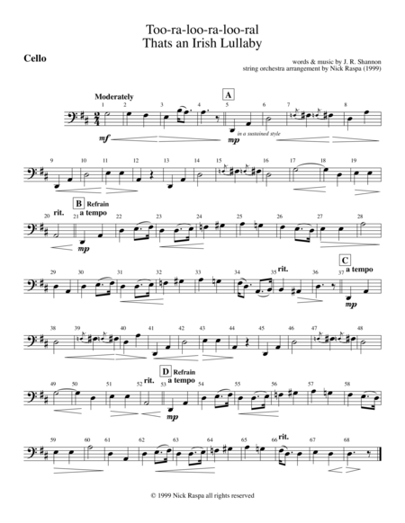 Too Ra Loo Ra Loo Ral Thats An Irish Lullaby Cello Part Sheet Music