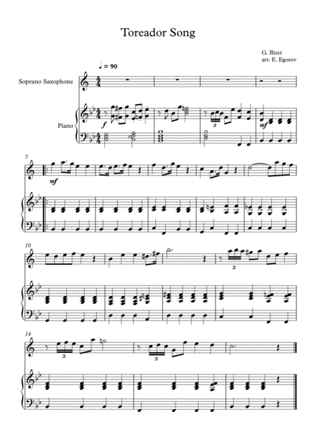 Toreador Song Georges Bizet For Soprano Saxophone Piano Sheet Music