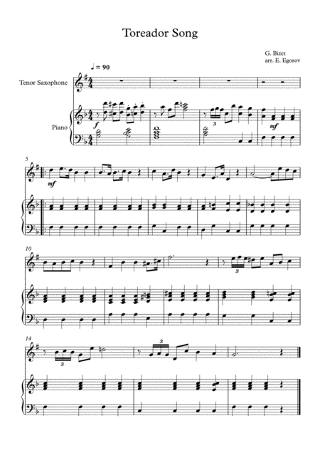 Toreador Song Georges Bizet For Tenor Saxophone Piano Sheet Music