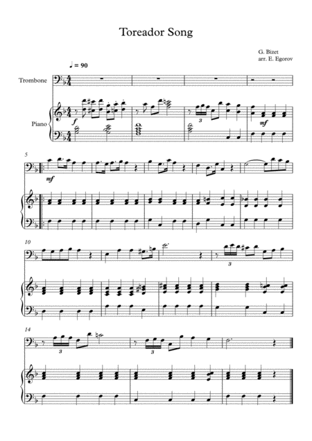 Toreador Song Georges Bizet For Trombone Piano Sheet Music