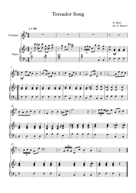 Toreador Song Georges Bizet For Trumpet Piano Sheet Music