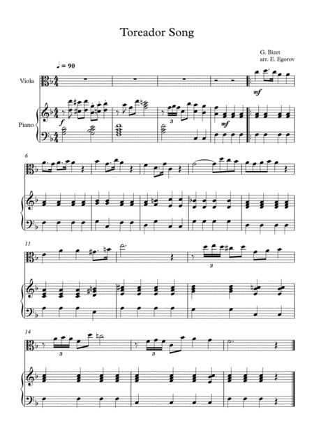 Toreador Song Georges Bizet For Viola Piano Sheet Music