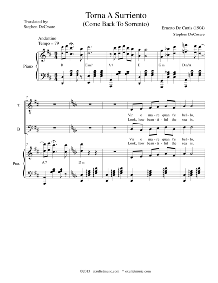 Free Sheet Music Torna A Surriento For Satb