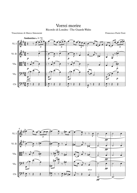 Tosti Francesco Paolo Vorrei Morire Voce Acuta E Quintetto D Archi Score Part Set Sheet Music
