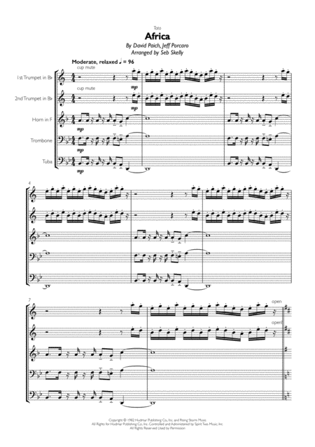 Free Sheet Music Toto Africa For Brass Quintet