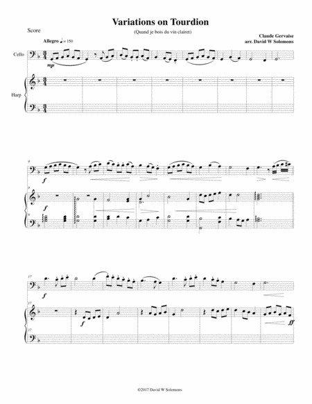 Free Sheet Music Tourdion Quand Je Bois Du Vin Clairet For Cello And Harp