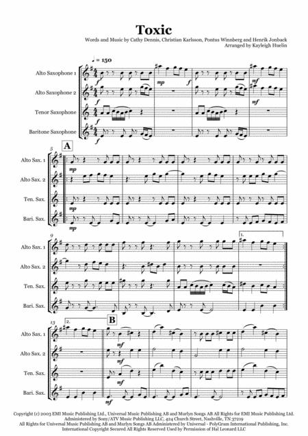 Toxic By Britney Spears Saxophone Quartet Aatb Sheet Music