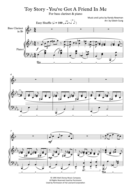 Free Sheet Music Toy Story You Ve Got A Friend In Me For Bass Clarinet And Piano Including Part Score