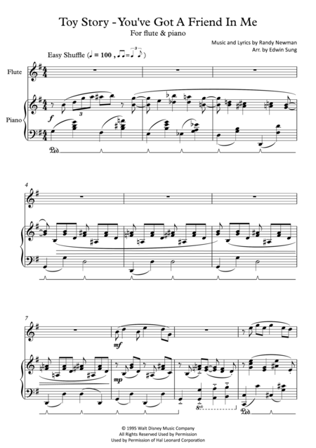 Toy Story You Ve Got A Friend In Me For Flute And Piano Including Part Score Sheet Music