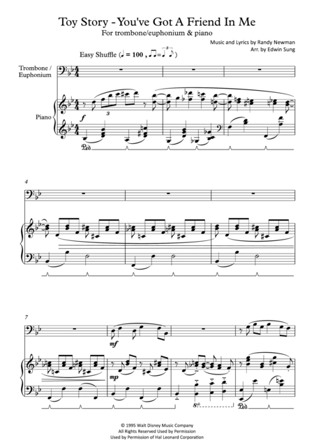 Toy Story You Ve Got A Friend In Me For Trombone Euphonium And Piano Including Part Score Sheet Music