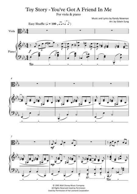 Toy Story You Ve Got A Friend In Me For Viola And Piano Including Part Score Sheet Music