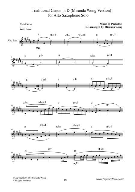 Traditional Canon In D Alto Saxophone Solo Sheet Music