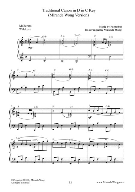 Free Sheet Music Traditional Canon In D C Key Elegant Version