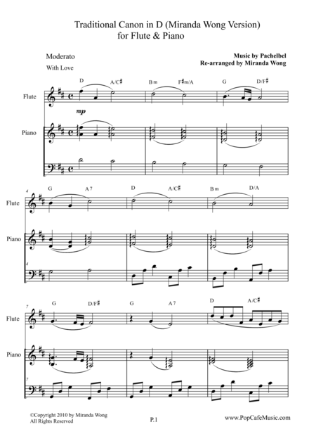 Traditional Canon In D For Flute Piano Sheet Music