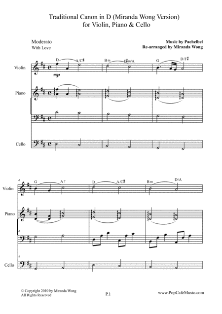 Free Sheet Music Traditional Canon In D For Violin Piano Cello
