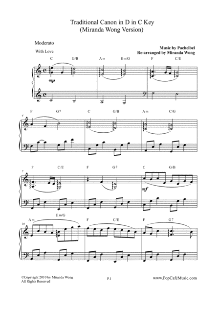 Traditional Canon In D Romantic Wedding March C Key Versions Sheet Music