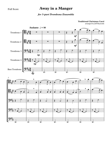 Free Sheet Music Traditional Christmas Carol Away In A Manger For 5 Part Trombone Ensemble