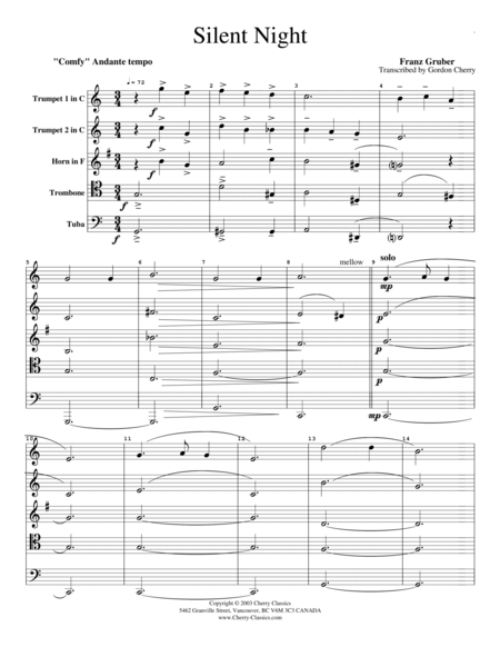 Traditional Christmas Silent Night For Brass Quintet Sheet Music