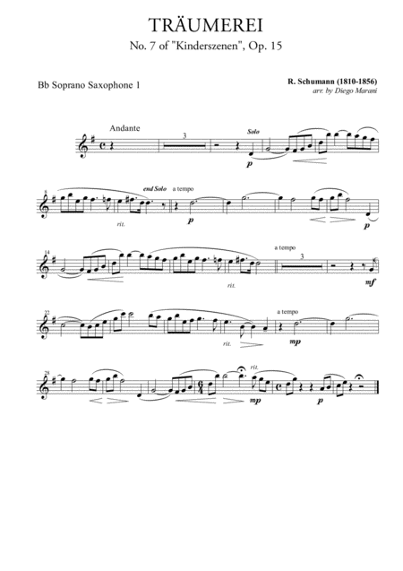 Traumerei From Album For The Young For Saxophone Ensemble Sheet Music