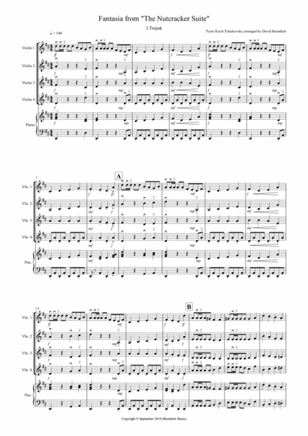 Trepak Fantasia From Nutcracker For Violin Quartet Sheet Music