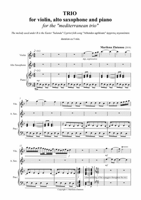 Trio For Violin Alto Saxophone And Piano Sheet Music