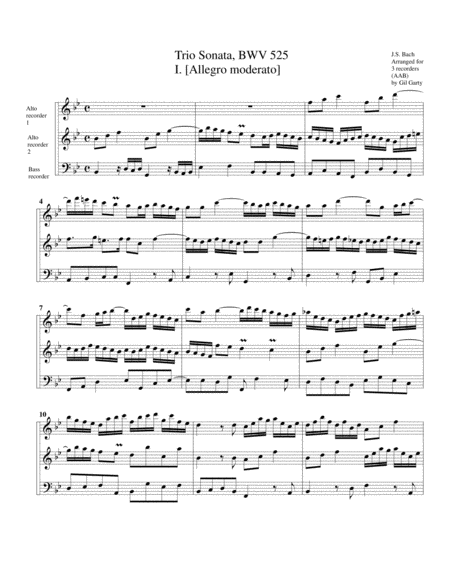 Free Sheet Music Trio Sonata For Organ No 1 Bwv 525 Arrangement For 3 Recorders