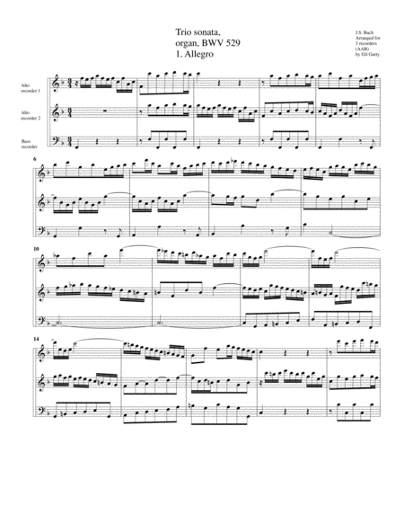 Trio Sonata For Organ No 5 Bwv 529 Arrangement For 3 Recorders Sheet Music