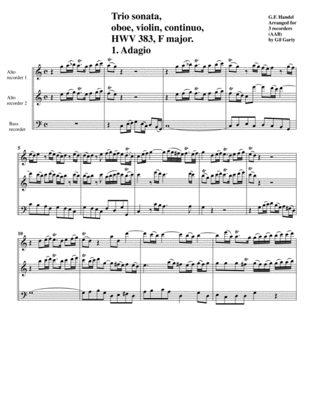 Free Sheet Music Trio Sonata Hwv 383 Arrangement For 3 Recorders