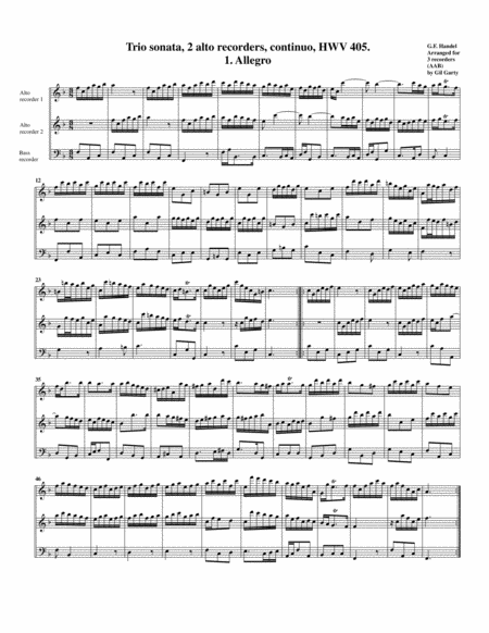 Free Sheet Music Trio Sonata Hwv 405 Arrangement For 3 Recorders