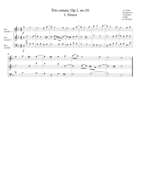 Trio Sonata Op 1 No 10 Arrangement For 3 Recorders Sheet Music