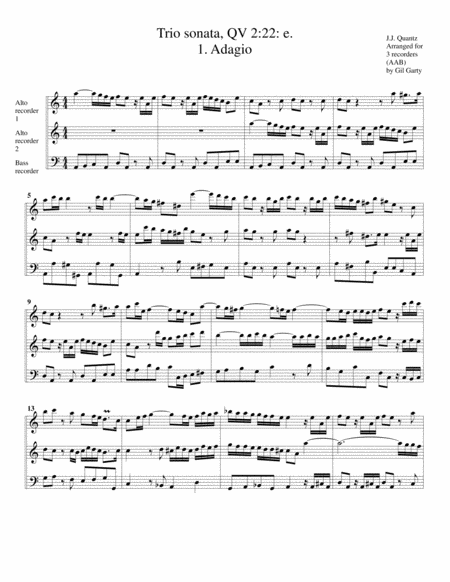 Trio Sonata Qv 2 22 E Arrangement For 3 Recorders Sheet Music