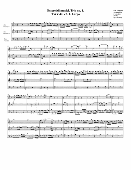 Trio Sonata Twv 42 C2 Essercizii Musici Trio No 1 Arrangement For 3 Recorders Sheet Music