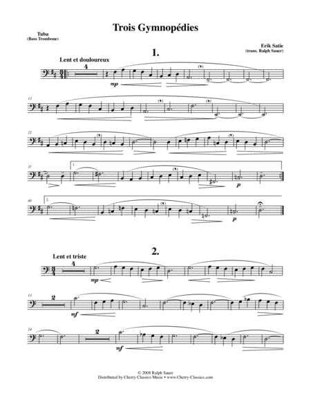 Trois Gymnopdie For Tuba Or Bass Trombone Piano Sheet Music