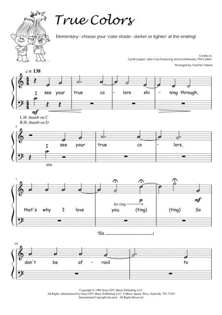 Free Sheet Music True Colors Trolls Piano Solo Elementary Level With Note Names Choose Color Fun