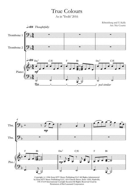 True Colours Trombone Duet With Piano Accomp Sheet Music