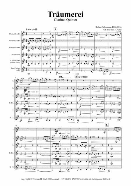 Trumerei Romantic Masterpiece By R Schumann Clarinet Quintet Sheet Music